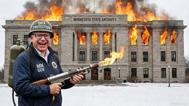 Tim Walz holding a flamethrower in front of a Minnesota government building engulfed in flames.