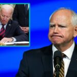 Tim Walz on stage giving a speech with an insert of Joe Biden signing a pardon.