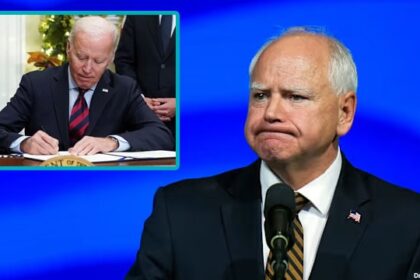 Tim Walz on stage giving a speech with an insert of Joe Biden signing a pardon.