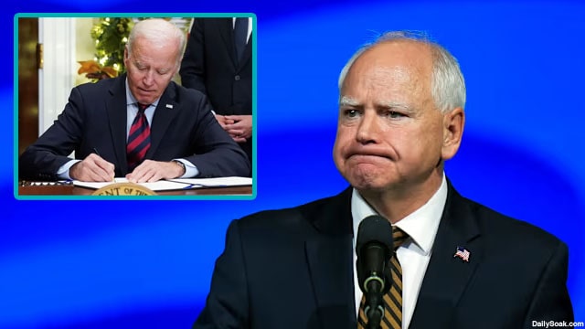 Tim Walz on stage giving a speech with an insert of Joe Biden signing a pardon.