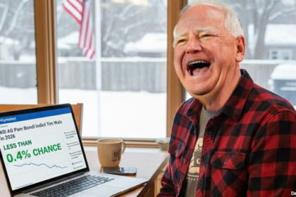 Tim Walz looking at laptop inside of home checking Polymarket.