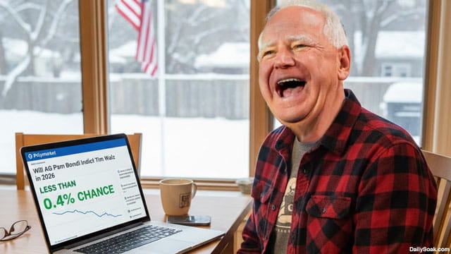 Tim Walz looking at laptop inside of home checking Polymarket.