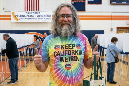 California man standing inside of a voting polling station.