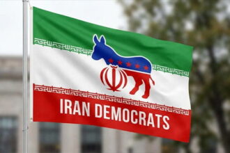 Red, white, and green Iran flag with a Democrat donkey on it.