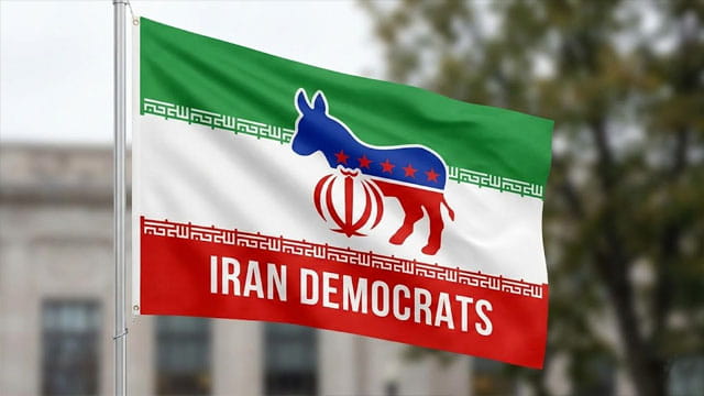 Red, white, and green Iran flag with a Democrat donkey on it.