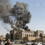 John McCain's face within a smoke cloud from a US airstrike in Iran.