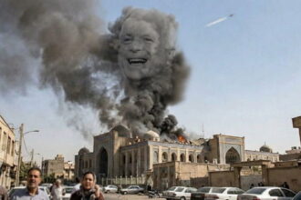 John McCain's face within a smoke cloud from a US airstrike in Iran.