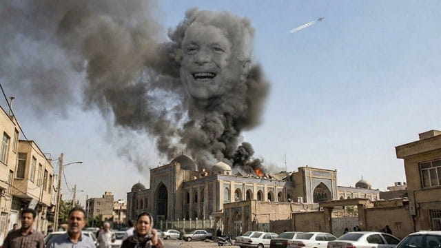 John McCain's face within a smoke cloud from a US airstrike in Iran.