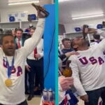 FBI Director Kash Patel drinking beer inside locker room with Team USA male hockey players.