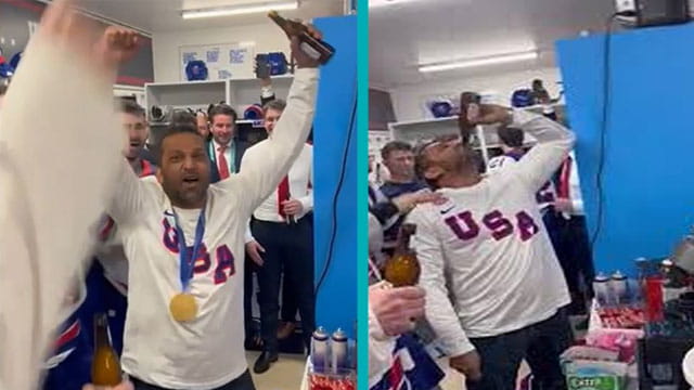 FBI Director Kash Patel drinking beer inside locker room with Team USA male hockey players.