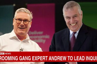 Keir Starmer and Prince Andrew on stage speaking.