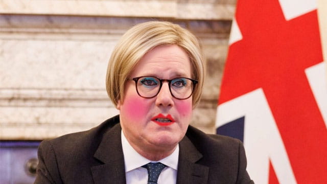 UK Prime Minister Keir Starmer wearing women's makeup and a blonde wig.