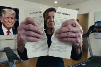 Nancy Pelosi in Capitol gym ripping State of the Union address papers.