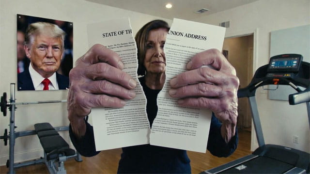 Nancy Pelosi in Capitol gym ripping State of the Union address papers.
