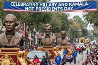 Presidents Day celebration with hundreds of people in a parade.