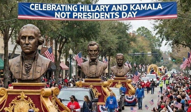 Presidents Day celebration with hundreds of people in a parade.