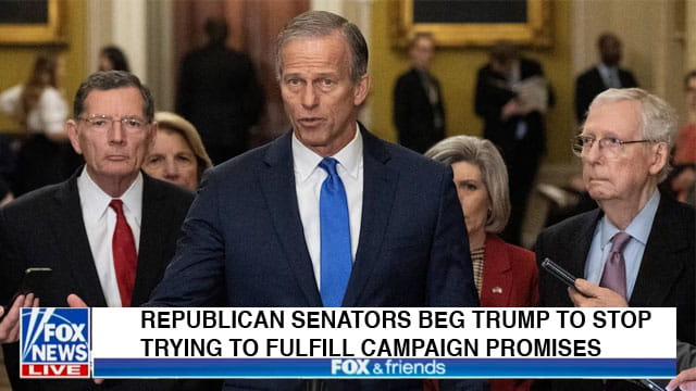 Republicans in the Senate giving a speech at a podium in Congress about President Trump.