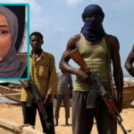 Somali pirates holding guns on a beach with an image insert of Somali Congresswoman Ilhan Omar.