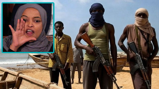 Somali pirates holding guns on a beach with an image insert of Somali Congresswoman Ilhan Omar.