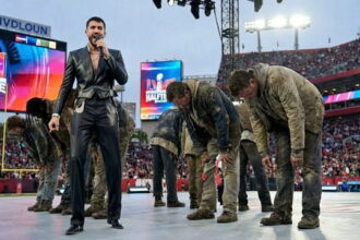 Bad Bunny singing on stage in front of California homeless fentanyl drug addicts at Super Bowl.
