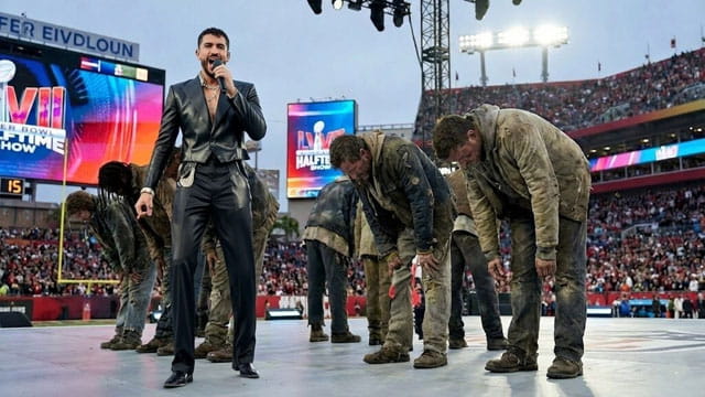 Bad Bunny singing on stage in front of California homeless fentanyl drug addicts at Super Bowl.