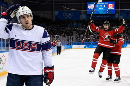 U.S. Men's Hockey team playing on ice against Canada.