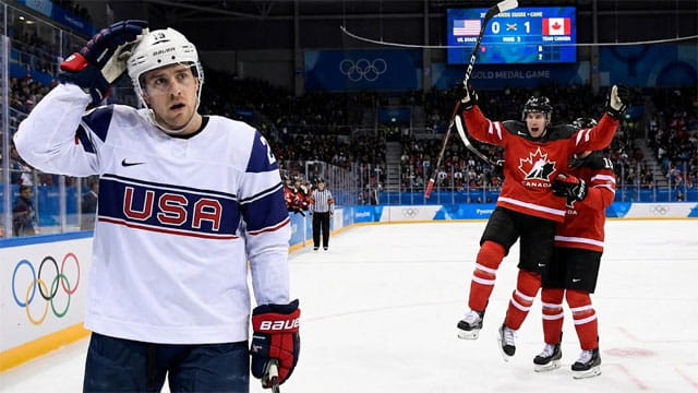 U.S. Men's Hockey team playing on ice against Canada.
