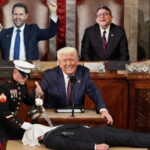 President Donald Trump, JD Vance, and Mike Johnson on stage for State of the Union speech.
