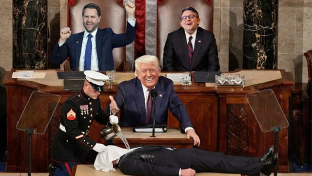 President Donald Trump, JD Vance, and Mike Johnson on stage for State of the Union speech.