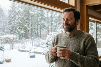 Unvaccinated American man holding a mug of tea looking out house window at snow.