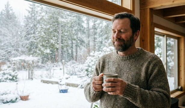 Unvaccinated American man holding a mug of tea looking out house window at snow.