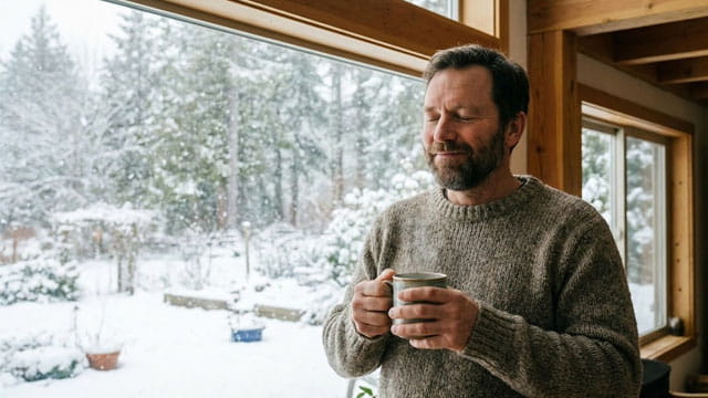 Unvaccinated American man holding a mug of tea looking out house window at snow.