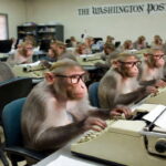 Monkeys working at desks at The Washington Post office.