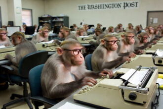 Monkeys working at desks at The Washington Post office.