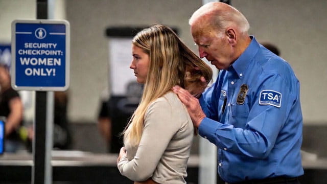 Joe Biden wearing a TSA uniform groping a woman in an airport terminal.