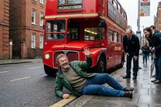 British man lying on the ground on the street in front of a big red bus in England, UK.