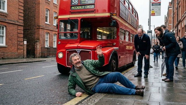 British man lying on the ground on the street in front of a big red bus in England, UK.