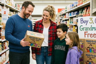 Canada family inside of a Costco supermarket holding a box with MAID on it.