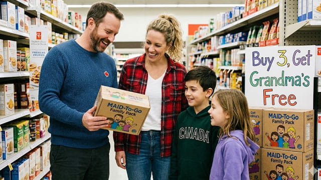 Canada family inside of a Costco supermarket holding a box with MAID on it.
