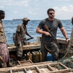 Male Texas Congress member Dan Crenshaw holding a gun standing on a Somali boat with Somali pirates.