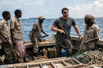 Male Texas Congress member Dan Crenshaw holding a gun standing on a Somali boat with Somali pirates.