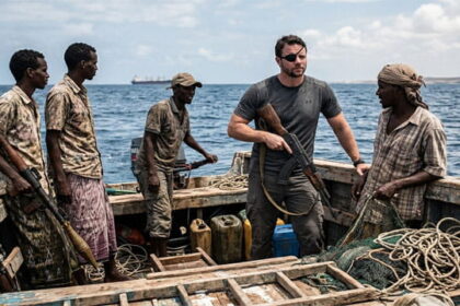 Male Texas Congress member Dan Crenshaw holding a gun standing on a Somali boat with Somali pirates.