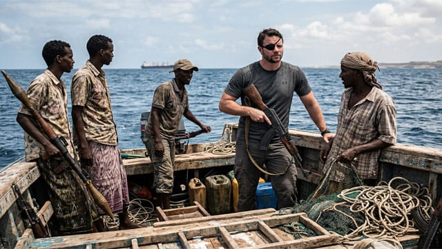 Male Texas Congress member Dan Crenshaw holding a gun standing on a Somali boat with Somali pirates.