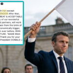 France President Emmanuel Macron waving a white flag of surrender with an inset of a President Donald Trump Truth Social post on Iran.