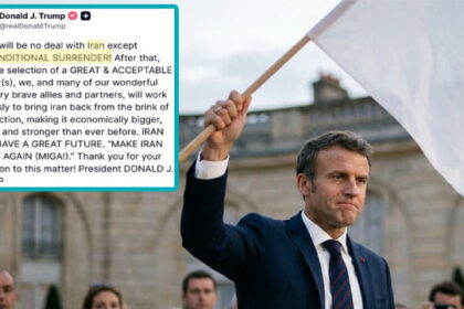 France President Emmanuel Macron waving a white flag of surrender with an inset of a President Donald Trump Truth Social post on Iran.