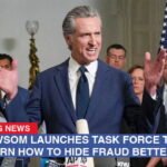 California Governor Gavin Newsom giving a speech behind a podium on stage.