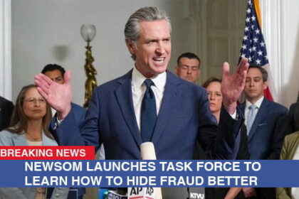California Governor Gavin Newsom giving a speech behind a podium on stage.