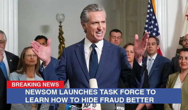 California Governor Gavin Newsom giving a speech behind a podium on stage.