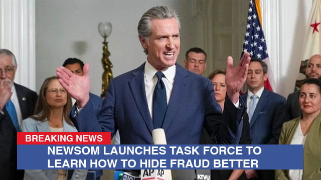 California Governor Gavin Newsom giving a speech behind a podium on stage.