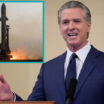 California Governor Gavin Newsom giving a speech behind a podium on Iran.